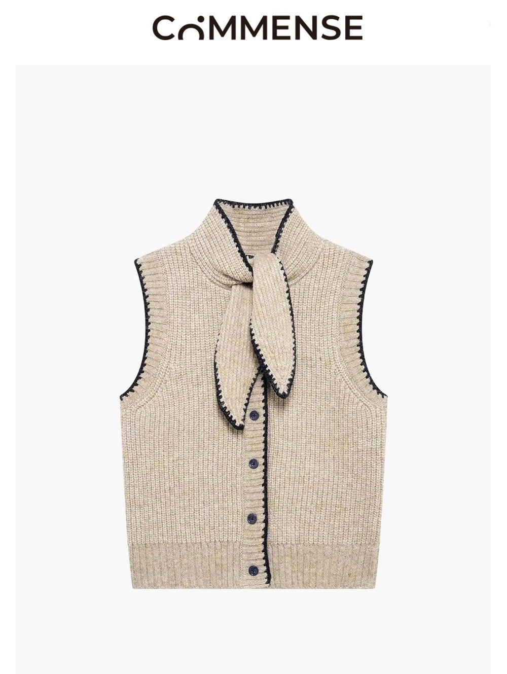 Commense Tie Neck Contrast Trim Button Sweater Vest M